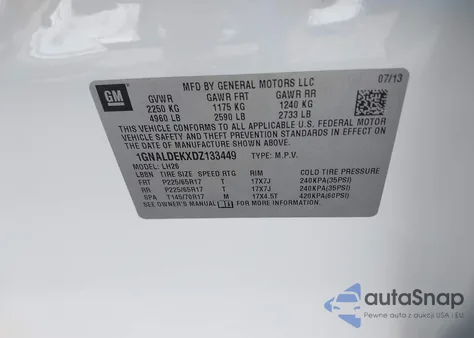 2013 Chevrolet Equinox 1Lt из США, поврежденный, VIN 1GNALDEKXDZ133449